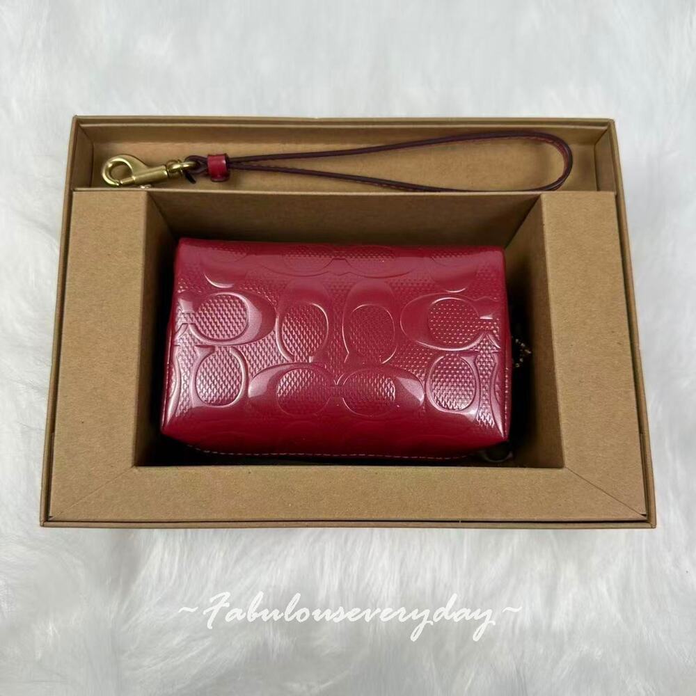 Coach Boxed Essential Mini Cosmetic Pouch Wristlet In Leather/Red CCD43B
